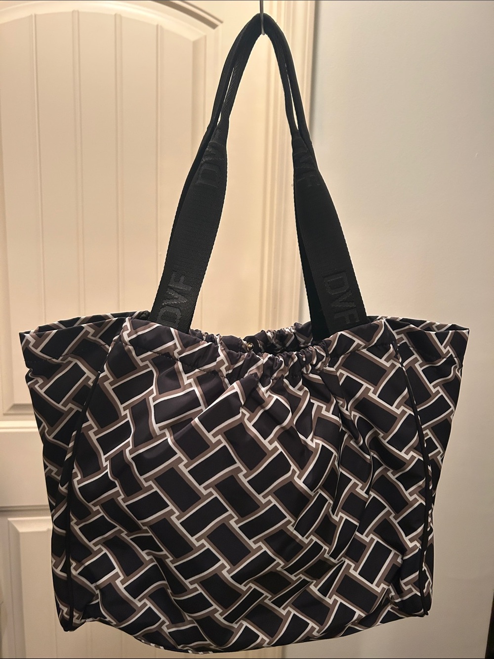 Black Patterned Tote Bag with Branded Strap